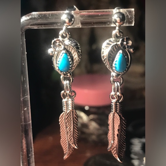 Turquoise Feather Dangle Earrings - Picture 1 of 8